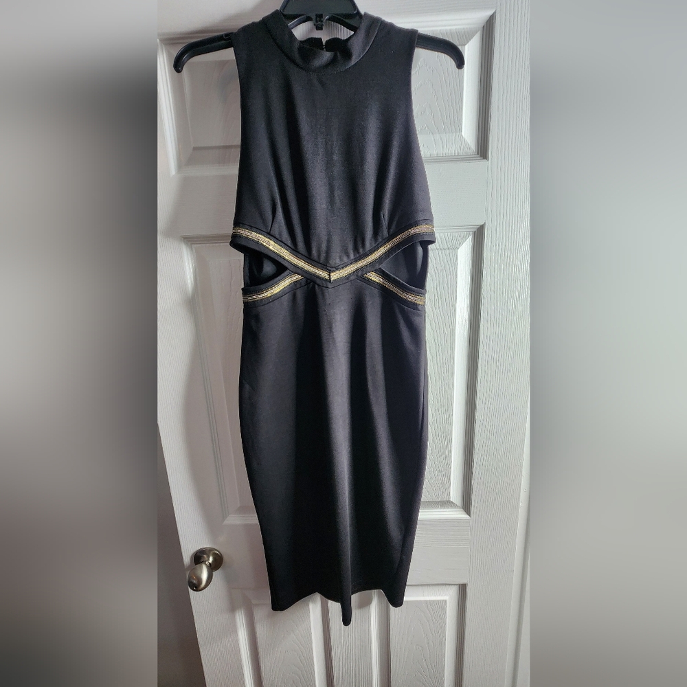 Chic Black Midi Dress with Gold Detailing